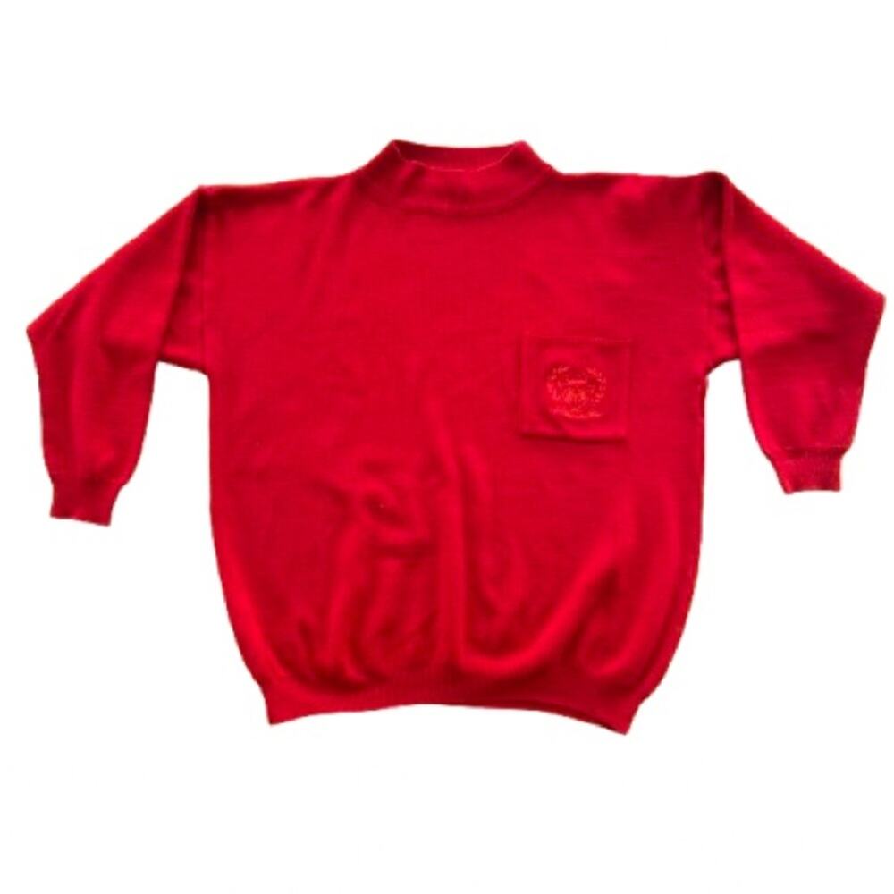 Vintage 90s Oversized Bright Red Sweater Mockneck Emblem Logo on Chest Pocket